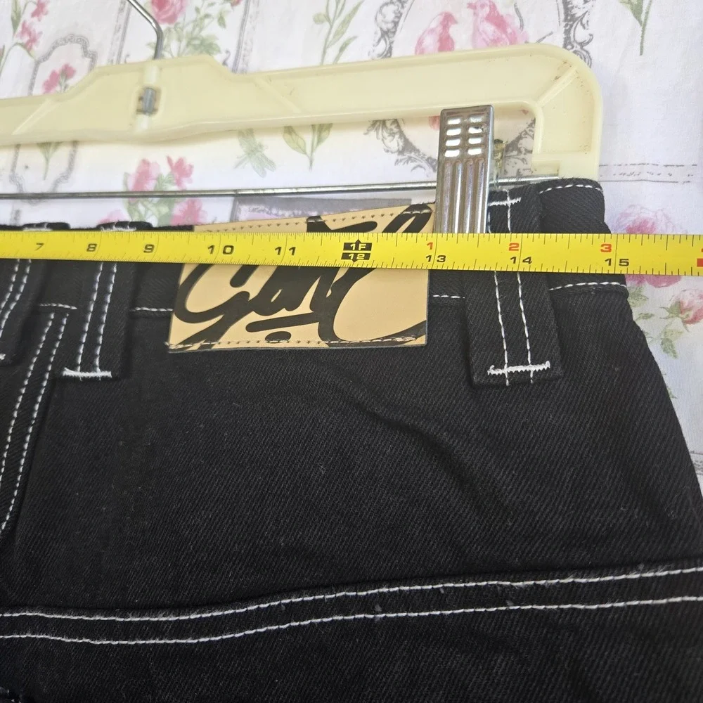 Y2K Black Baggy‎ Jeans Wide Leg Contrast Stitch Embroidered Gone Logo Size Small